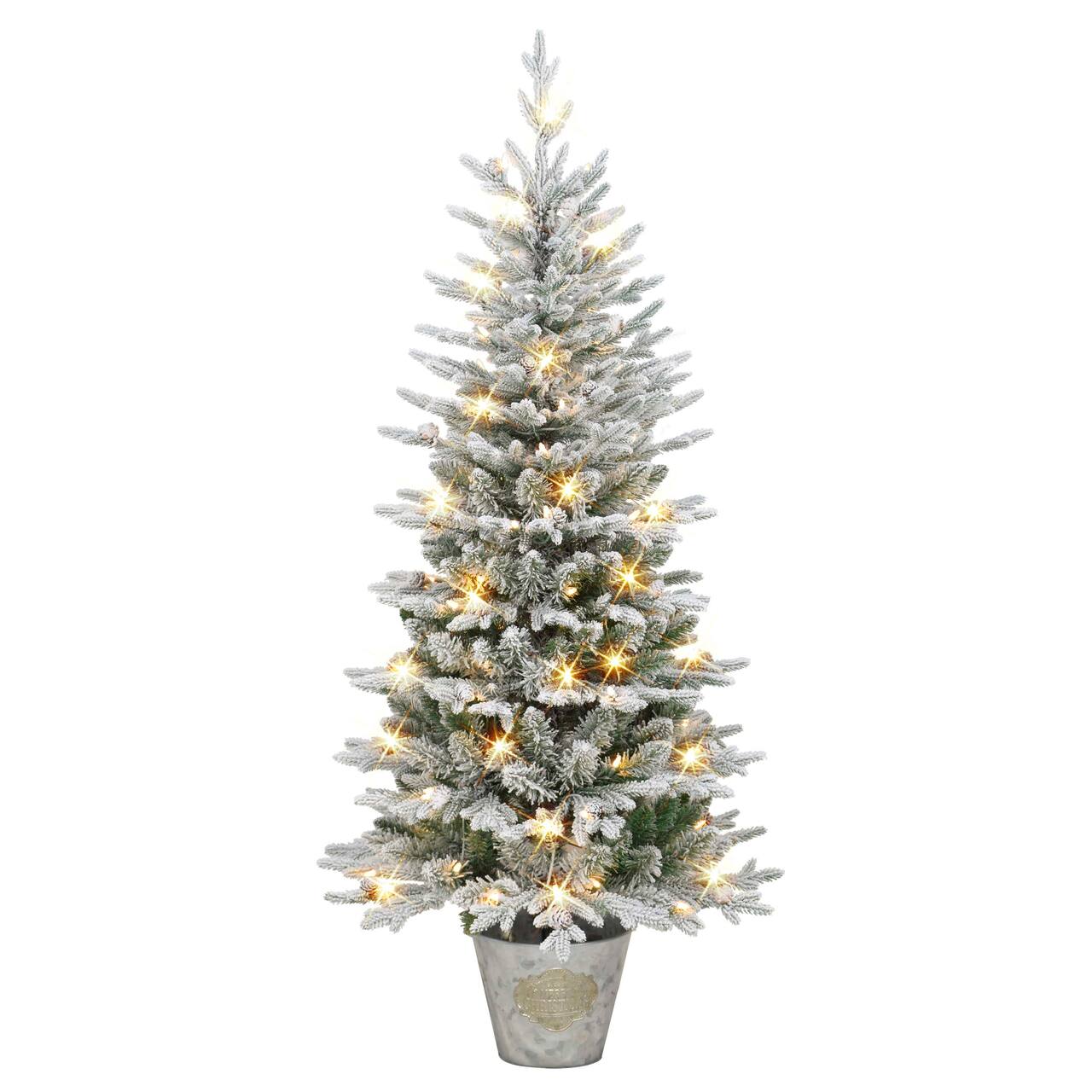 6ft. Pre-Lit Flocked Artificial Christmas Tree in Metal Planter, Clear Lights